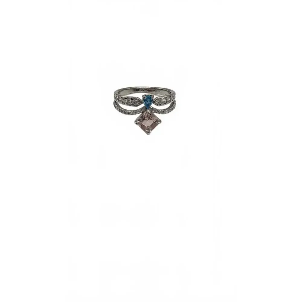 Silver Tone Ring with Pink and Blue Gemstones Size 9